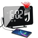 SKOL Projection Alarm Clock for Bedroom, Digital Clocks with FM Radio with 180° Rotatable Projector, Clear LED Display, USB Charger, Progressive Volume, 9mins Snooze,12/24H, for Bedroom