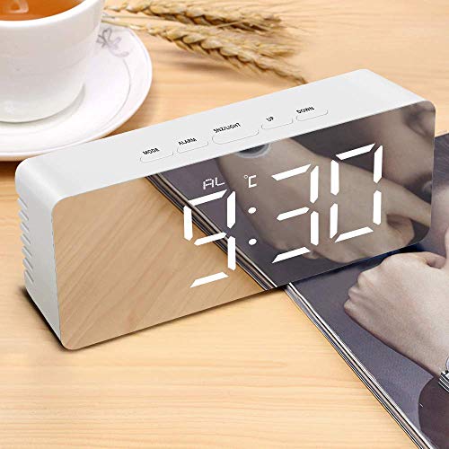 BUYERZONE Digital LED Mirror Alarm Clock Smart Back Light Table Mirror Alarm Clock with Sensor Date and Temperature for Office Home and Bedroom for Heavy Sleeper