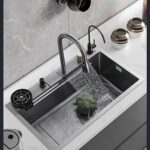 CLUSTER Modern Nano 304 Grade Stainless Steel Single Bowl Handmade Black Color Kitchen Sink With Waterfall Faucet/Abs Soap Dispenser/Cup Washer / 2-Drain Basket, 30X18X9 Inches, Black