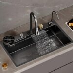B BACKLINE Kitchen Sink 304 Ss Heavy Body Modular Sink With Waterfall Pull Down Faucet Single Bowl Sink With All Accessories (Nano Black) (30 X 18 X 9 Inches), Matt