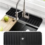 UNIQUE CART Upgraded Silicone Kitchen Sink Splash Guard, Kitchen Faucet Splash Guard – 14″ x 5.5″ – Sink Gadgets – Splash Guard Behind Faucet – Slope Design Faucet Draining Mat (Black)