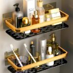 BINSBARRY Self-Adhesive Multipurpose Wall Mounted Bathroom Shelf and Rack for Bathroom and Kitchen, Space Saving Bathroom Organizer Shelf, Punch Free Wall Shelves, Wall Stand (Pack of 2, Gold Shelf)