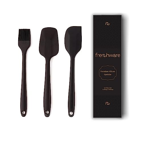 Frenchware Silicone Spatula for Kitchen (Set of 3) Non Stick Small Spatula, Spoon & Brush for Cooking & Baking, Food-Grade & BPA-Free, Dishwasher Safe, Stainless Steel Core Heat-Resistant -40°C to 230°C (Black)