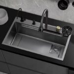 Kitchen sink Single Bowl Grade 304 SS Waterfall Tap/Ro Tap/Glass Rinser/Fruit Basket/Chopping Board 30 X18 X 9 Inches Sink With Multiple Function (Black Matt 2 (With All Accessories)))