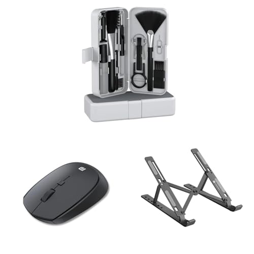 Portronics Clean N 19 in 1 Smart Gadget Cleaning Kit(White) & Portronics Toad 23 Wireless Optical Mouse with 2.4GHz(Black) & Portronics My Buddy K Portable Laptop Stand (Grey)